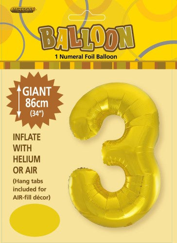 Gold "3" Numeral Foil Balloon 86cm (34")